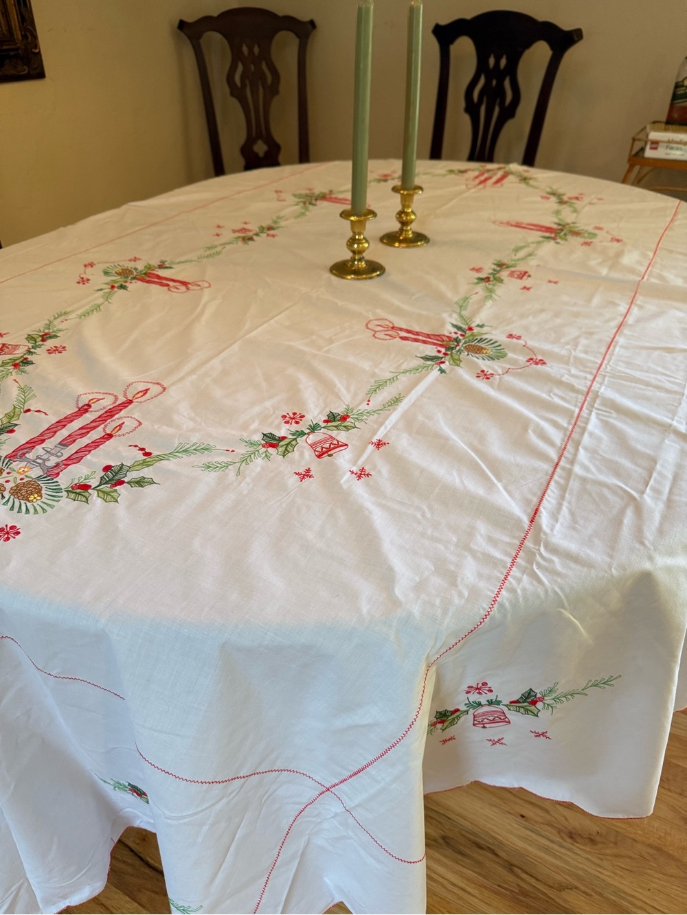 Embroidered White Holiday Tablecloth with Red & Green Accents Vintage Christmas
